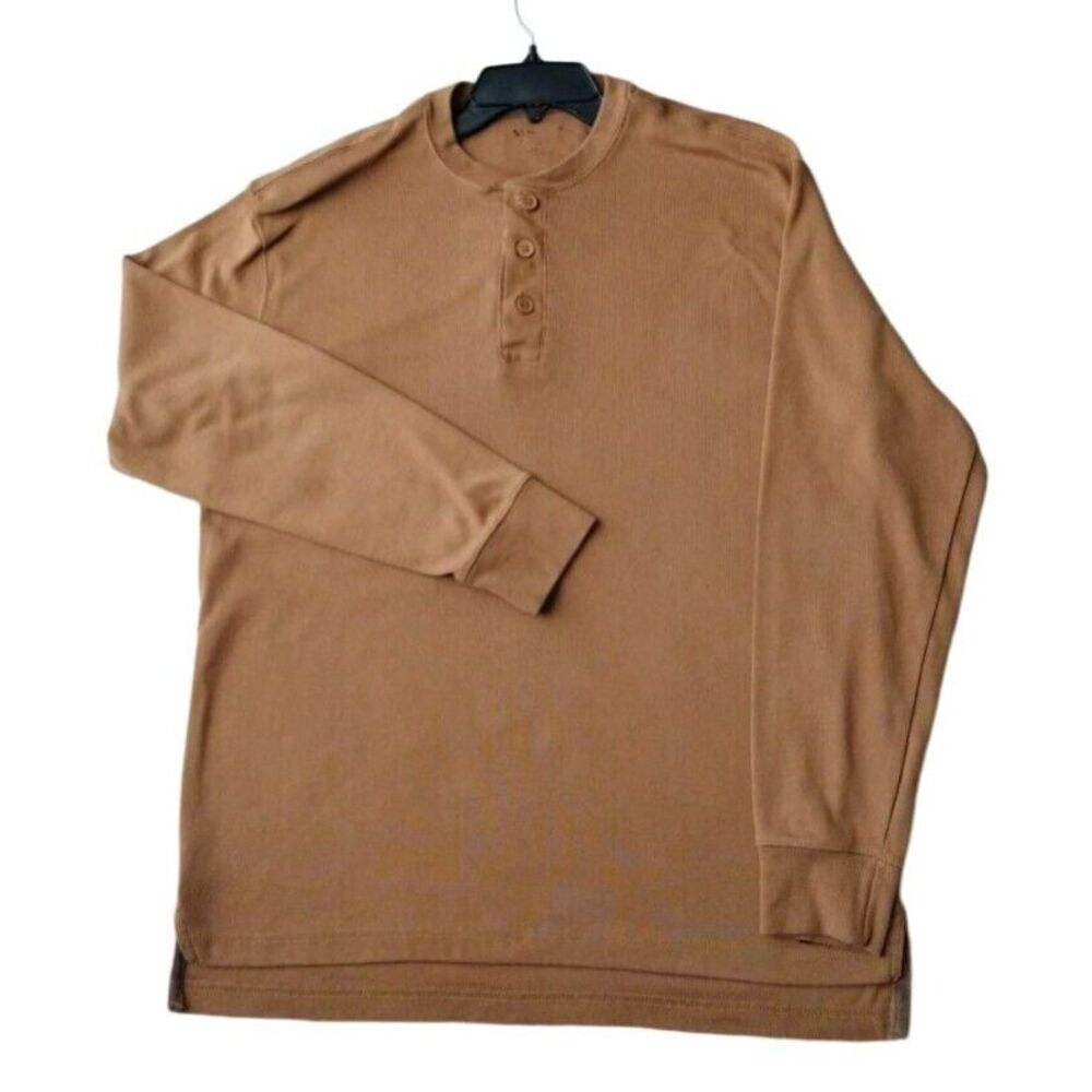 Stanley T Shirt Men's Large Brown Workwear Long Sleeves 3 Buttons Henley Neck‎
